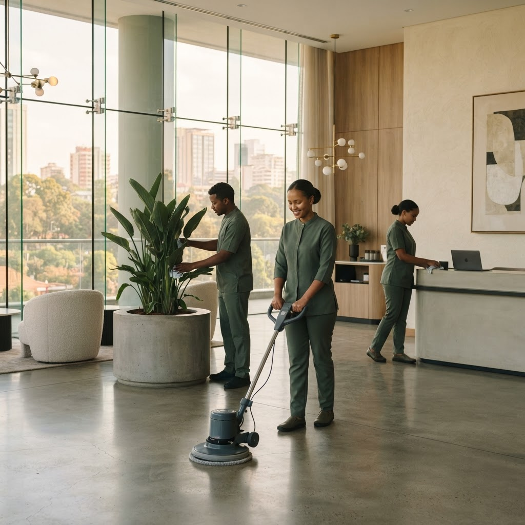 Brisbane Facilities team in a commercial office lobby